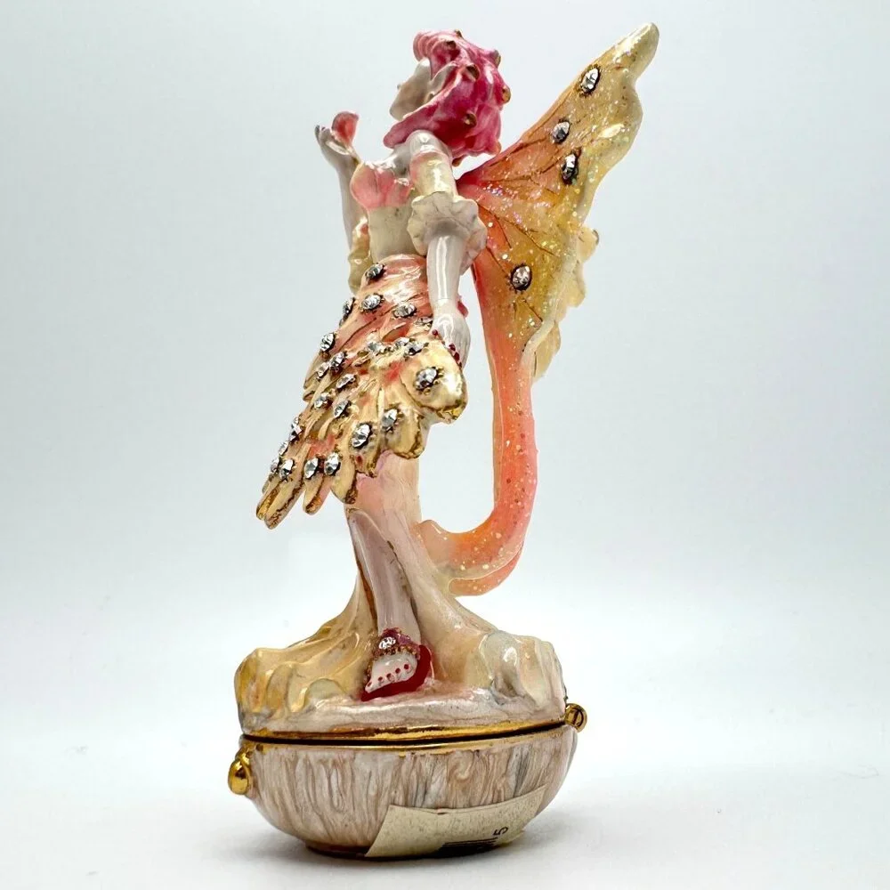 Flamingo Fairy Trinket Box Yellow Wings  Rhinestone Accents Enamel Metal #2